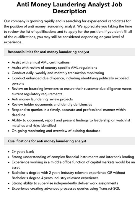 aml compliance officer job description|anti money laundering job description.